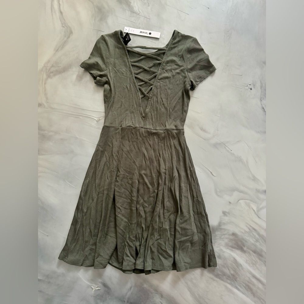 NWT New AQUA BLOOMINGDALES Ribbed Open Lace Up Black Military Green Gray Dress S